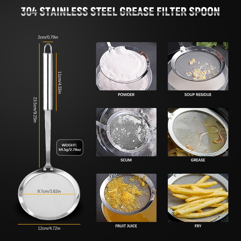 Supvox® Grease Strainer Oil Saver Spoon Stainless Steel Kitchen Oil Skimmer 4.7 inches Diameter Fine Mesh Skimmer Spoon Oil Filter Skimming Grease 13.3 inches Hangable Kitchen Grease Skimmer Spoon