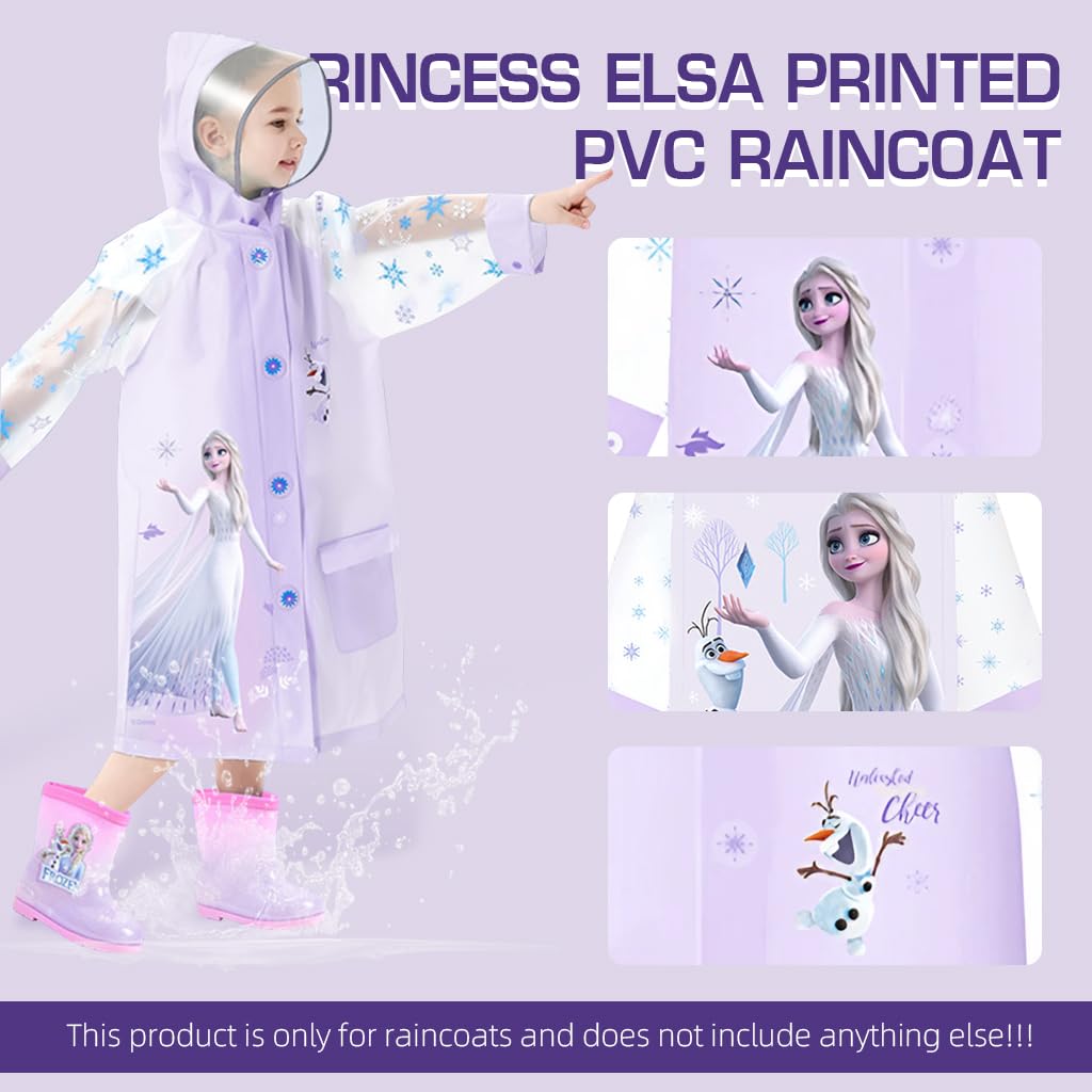 PALAY® Raincoat for Kids, Kids Raincoat for Girls with Pockets, EVA Rain Coat for Kids with Hooded Poncho & Backpack Cover, Princess Print Knee-Length Cartoon Rain Coat for Girls (XL)