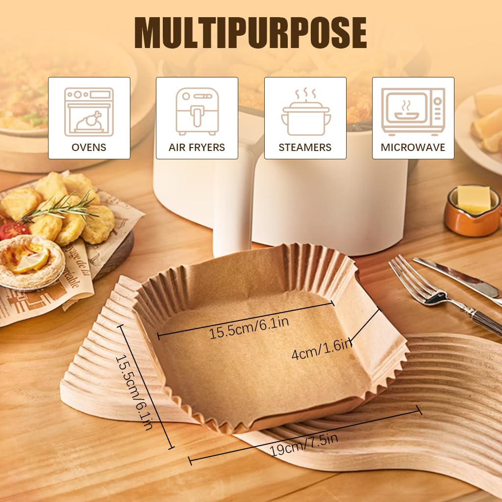 HASTHIP® 100Pcs Disposable Air Fryer Paper Sheets, 6.3 Inch Square Air Fryer Parchment Paper, Non-Stick Air Fryer Paper Pads Baking Paper for Baking Roasting Microwave Frying Pan, Steamer, Airfryer