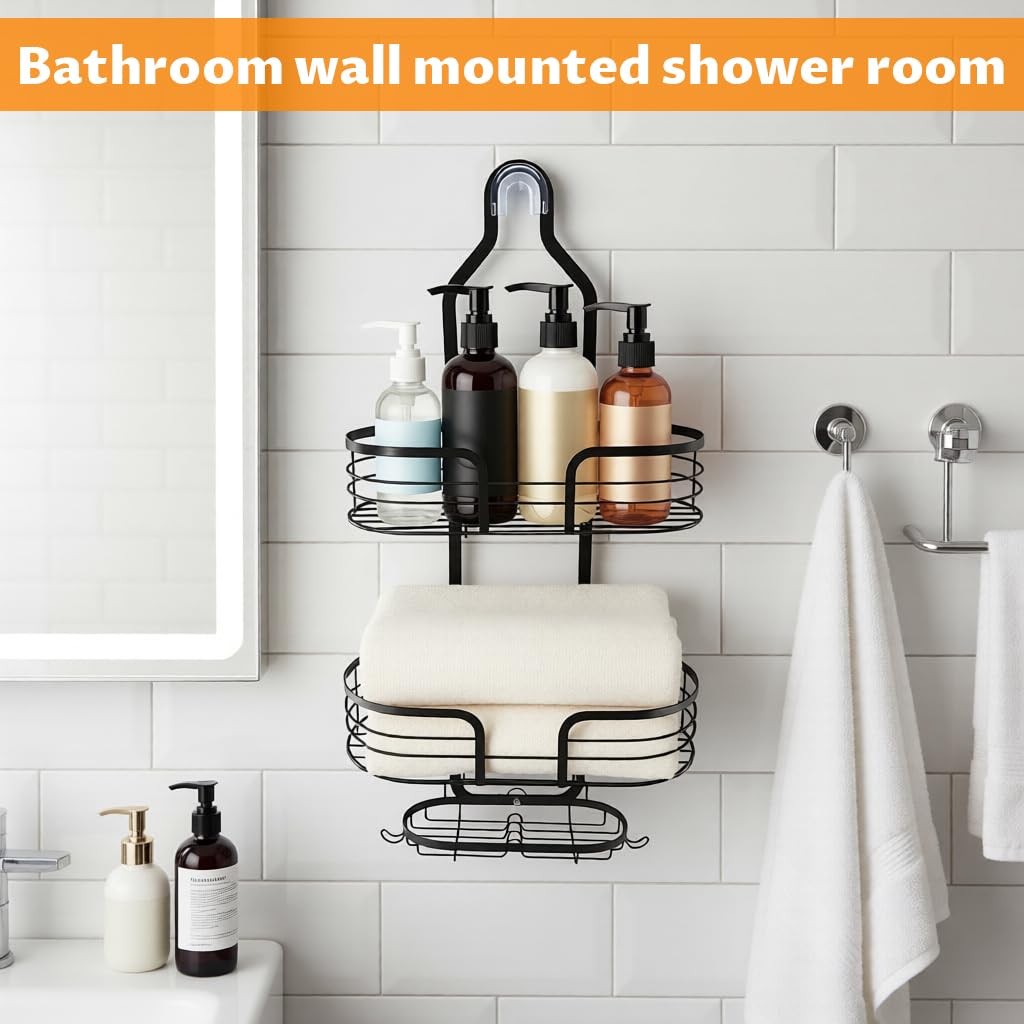 HASTHIP Shower Caddy for Bathroom Toiletries with 3 Metal Baskets and Hooks | No‑Drill Quick‑Dry Organizer