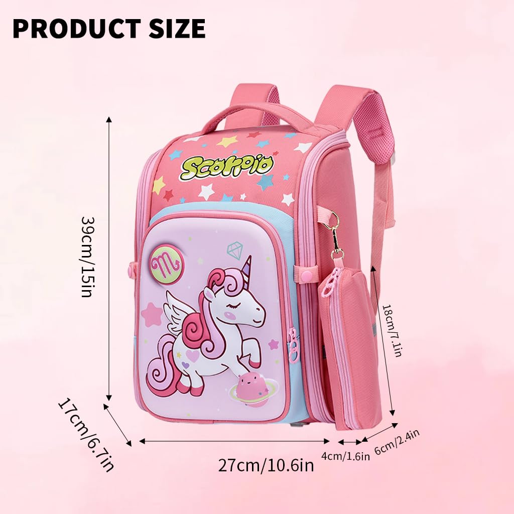 PALAY® Girls School Backpack Unicorn Cartoon Backpack with Pencil Pouch Primary Bookbag Girls Backpack for School, Travel, Burden-relief Backpack School Gift for Kids 6-12 Years Old