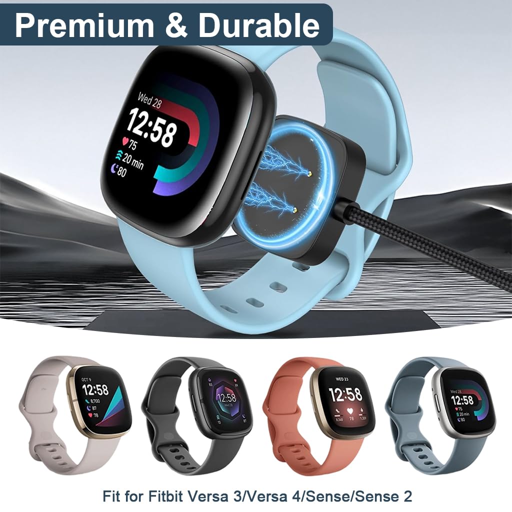 ZORBES Charger for Fitbit Sense 2 Versa 4 and Versa 3 featuring Dual USB C A Connectors and 3.3ft Nylon Cable