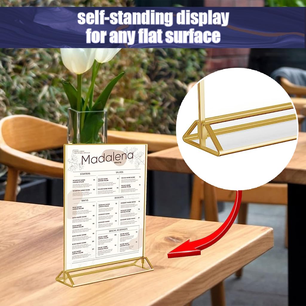 Climberty® 6Pcs Acrylic Gold Sign Holders, 4x6 inch Clear Picture Frames with Gold Borders and Vertical Stand, Double Sided Table Menu Display Stand for Restaurant Signs, Wedding Table and Photos