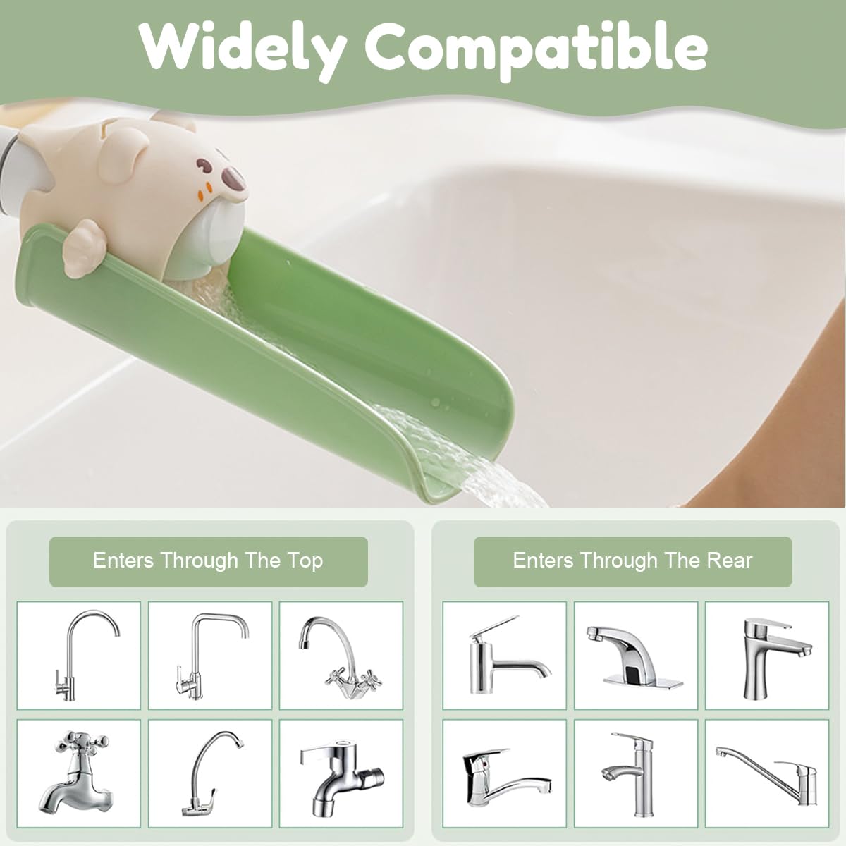 SNOWIE SOFT Water Faucet Extender for Kids with Universal Clip-on U-Channel | 3 PCS Green