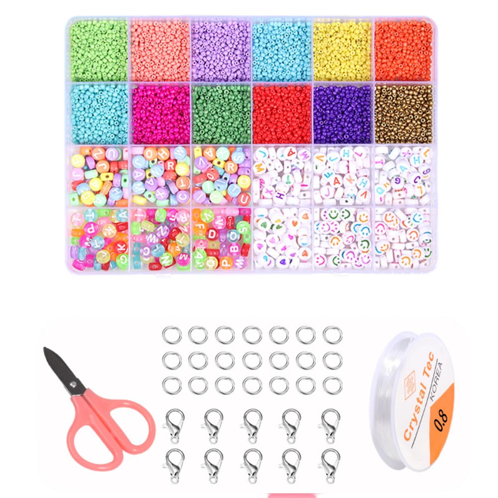 SANNIDHI Glass Seed Beads Alphabet Beads Kit 12-Color 2mm Seed Beads for Jewellery Making Colorful Letter Beads for Bracelet Making Smile Heart Spacer Beads with String, Scissors, Clasps