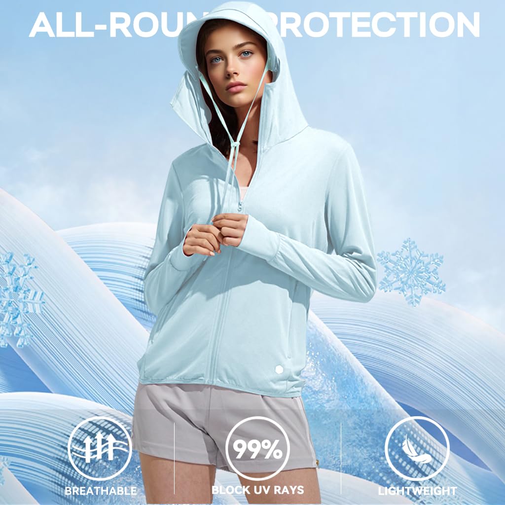 Venzina Women’s UPF 50+ Sun Protection Jacket for Hiking with Detachable Brim Hood | Lightweight Blue UV Hoodie Featuring Thumbholes and Zip Pockets