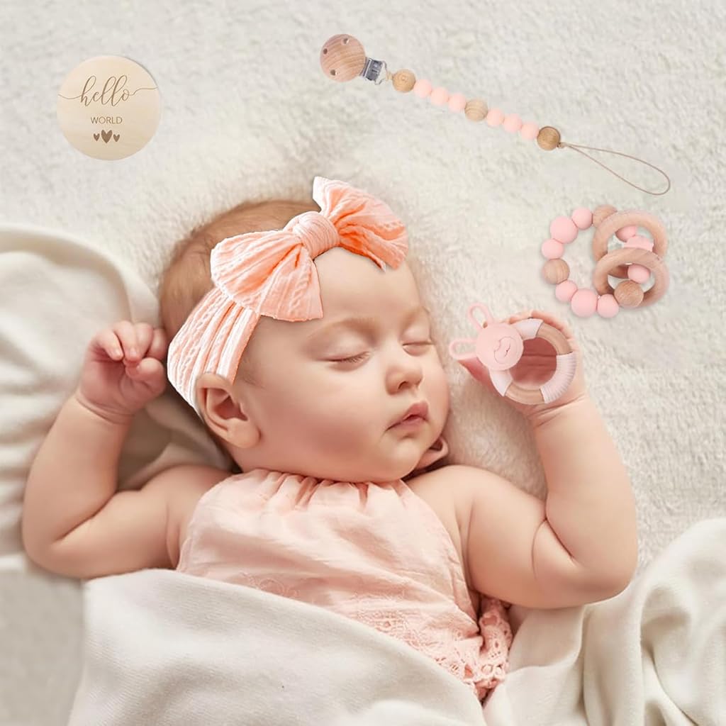SNOWIE SOFT 5 Pcs Baby Girls Shower Gift Box Set New Born Baby Gifts Pink Bunny Baby Teether Pacifer Chain Clip Beaded Chain Soothing Toy Pink Bow Headband Food Grade Silicone Baby Teether