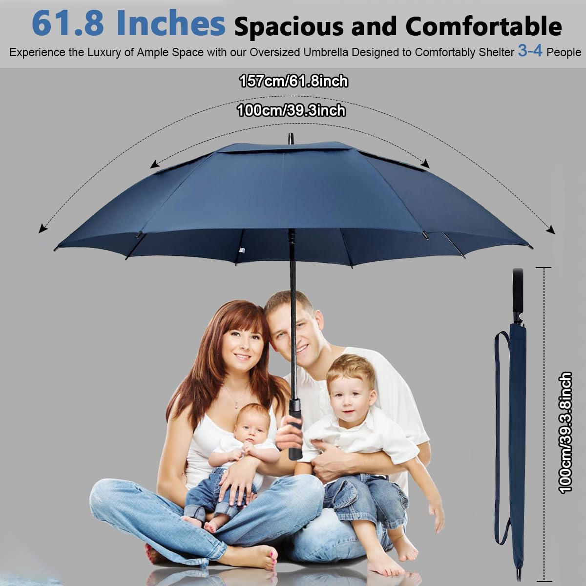 PALAY® 52Inch Big Umbrella for Men, Auto Open Large Golf Umbrella Windproof, Oversize Rain Umbrella with Cover for Aldult Men, Windproof Waterproof Umbrella for Commuting, Travel (Blue)