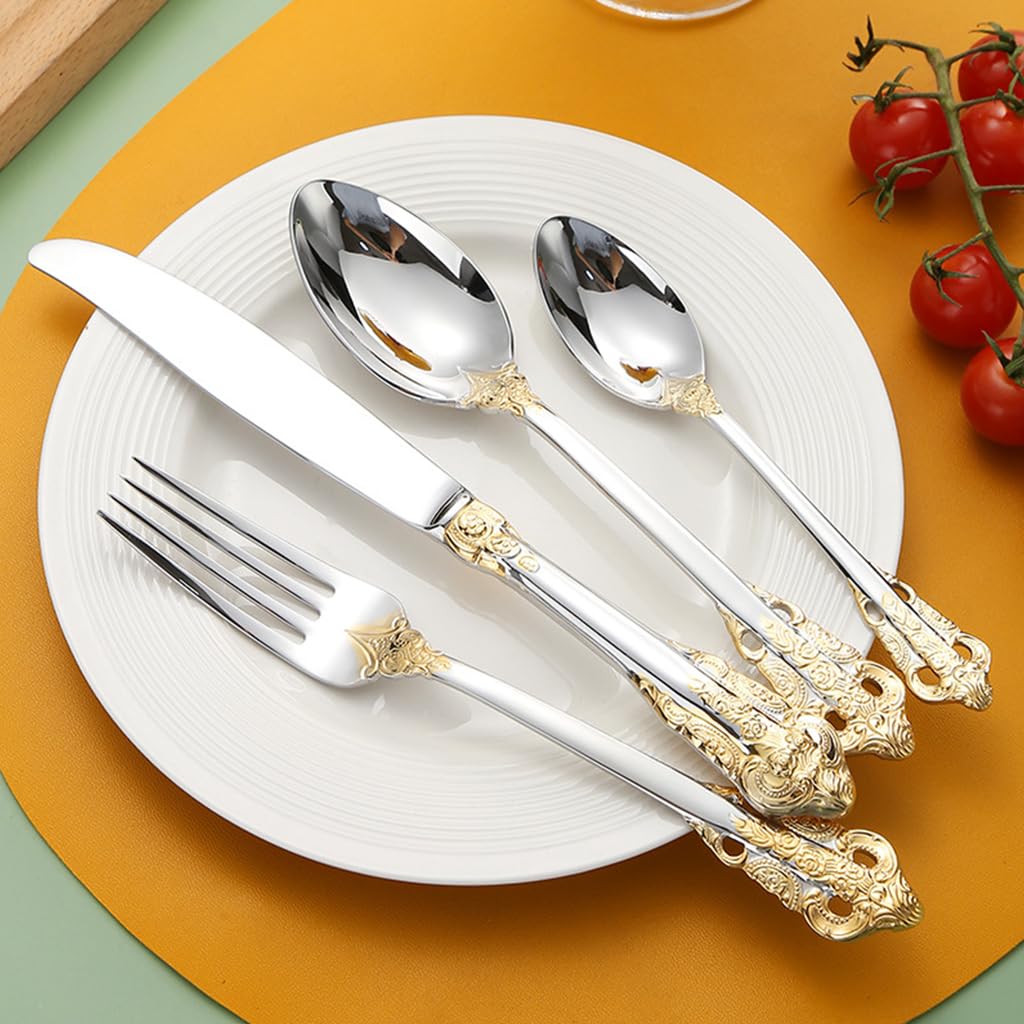 HASTHIP Stainless Steel Fork and Spoon Set of 4 for Dining with Embossed Golden Handle | Gift Box