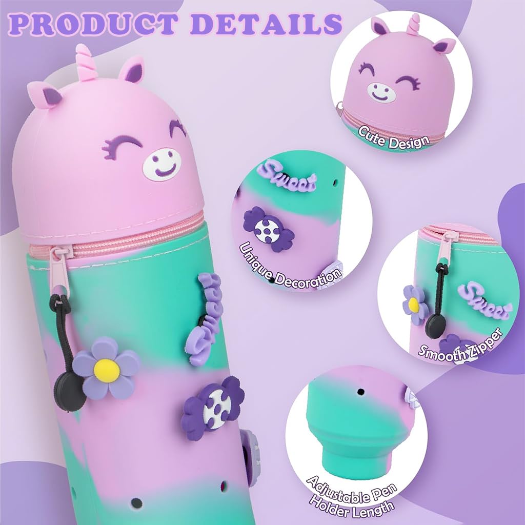 Climberty Unicorn Pencil Pouch for Girls with Multi Hole Design and Cute Charms | Pink Silicone Pen Holder for School