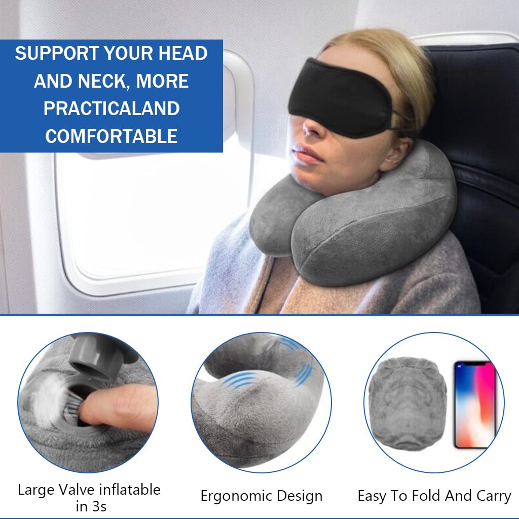 HANNEA Inflatable Travel Neck Pillow for Airplane Sleeping with 360° Ergonomic Support | Soft Velvet Washable Set with Eye Mask and Earplugs