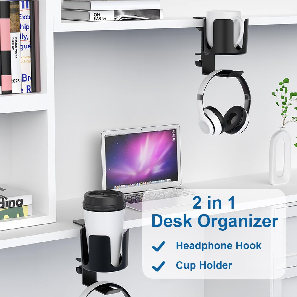 ZORBES 2-in-1 Metal Desk Cup and Headphone Holder for Home Office with Clamp Mount | Spill Proof Organizer Hook