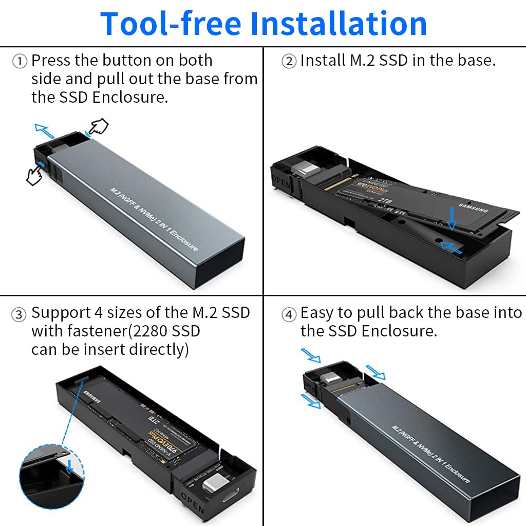 Verilux® M.2 NVME SATA SSD Enclosure, Dual Protocol Aluminum Alloy SSD Case with USB C 3.1 Gen 2 USB3.0 to M.2 M-Key B+M Key Enclosure, Support Up to 2TB, Fits 2230 2242 2260 2280, USB Type C Devices