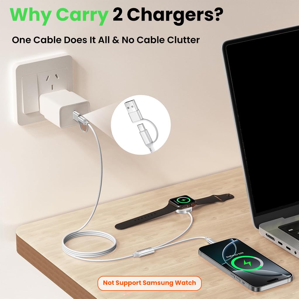 Verilux 4 in 1 Watch Charger Cable for Apple with 4.9 ft USB C Fast Charging Pad | Dual Device Power