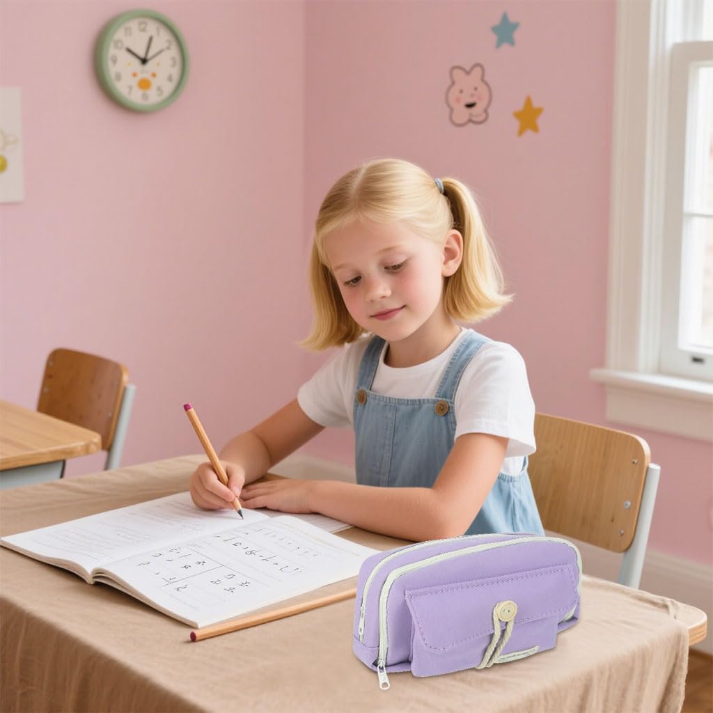 Zibuyu Pencil Pouch for School and Office with Double Layer Zip-Up Design | 21x11x7.5cm Canvas Organizer in Purple