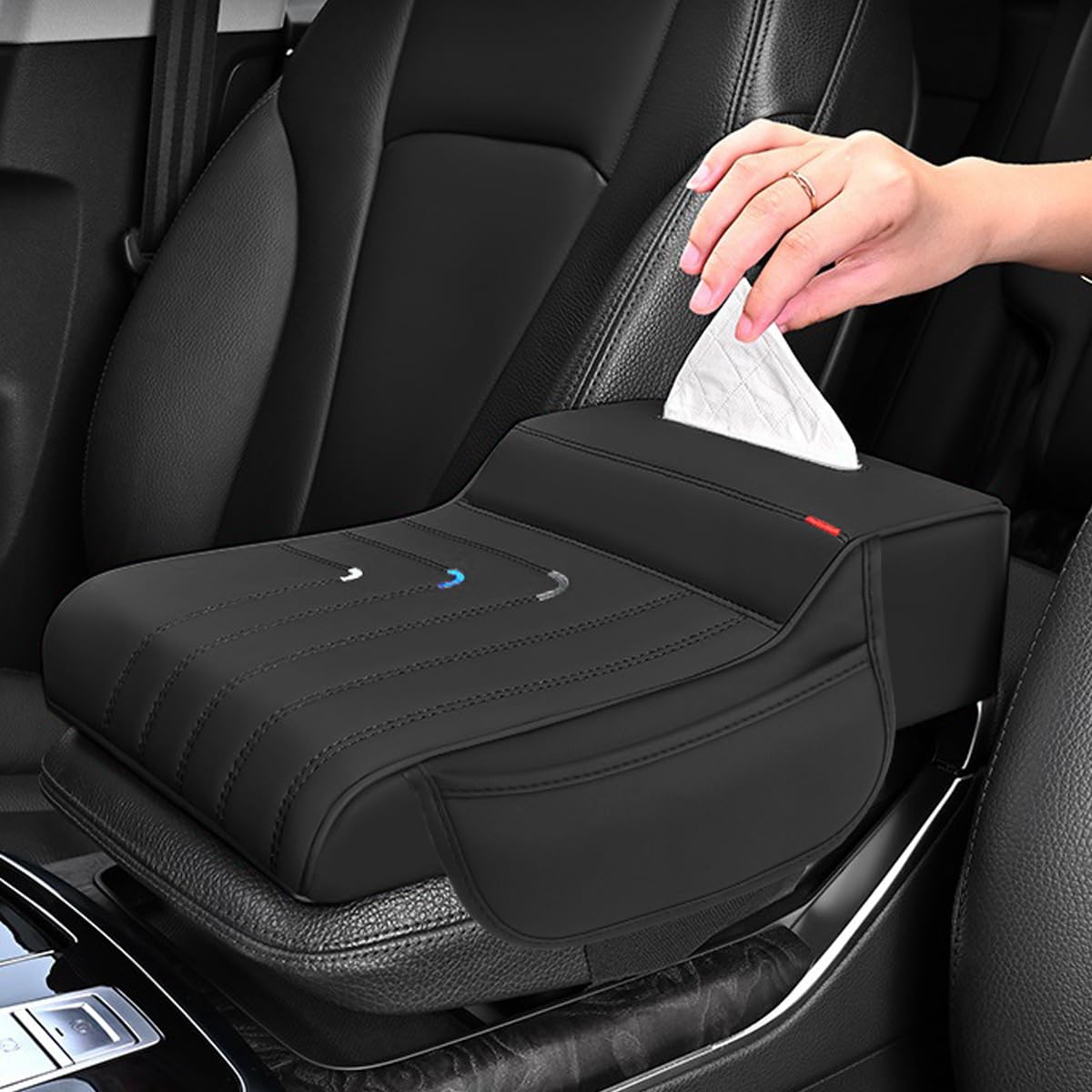 STHIRA Memory Foam Car Armrest Cushion for Enhanced Comfort with Tissue Box & Side Pocket | 33×8×22 cm PU Leather Universal Fit