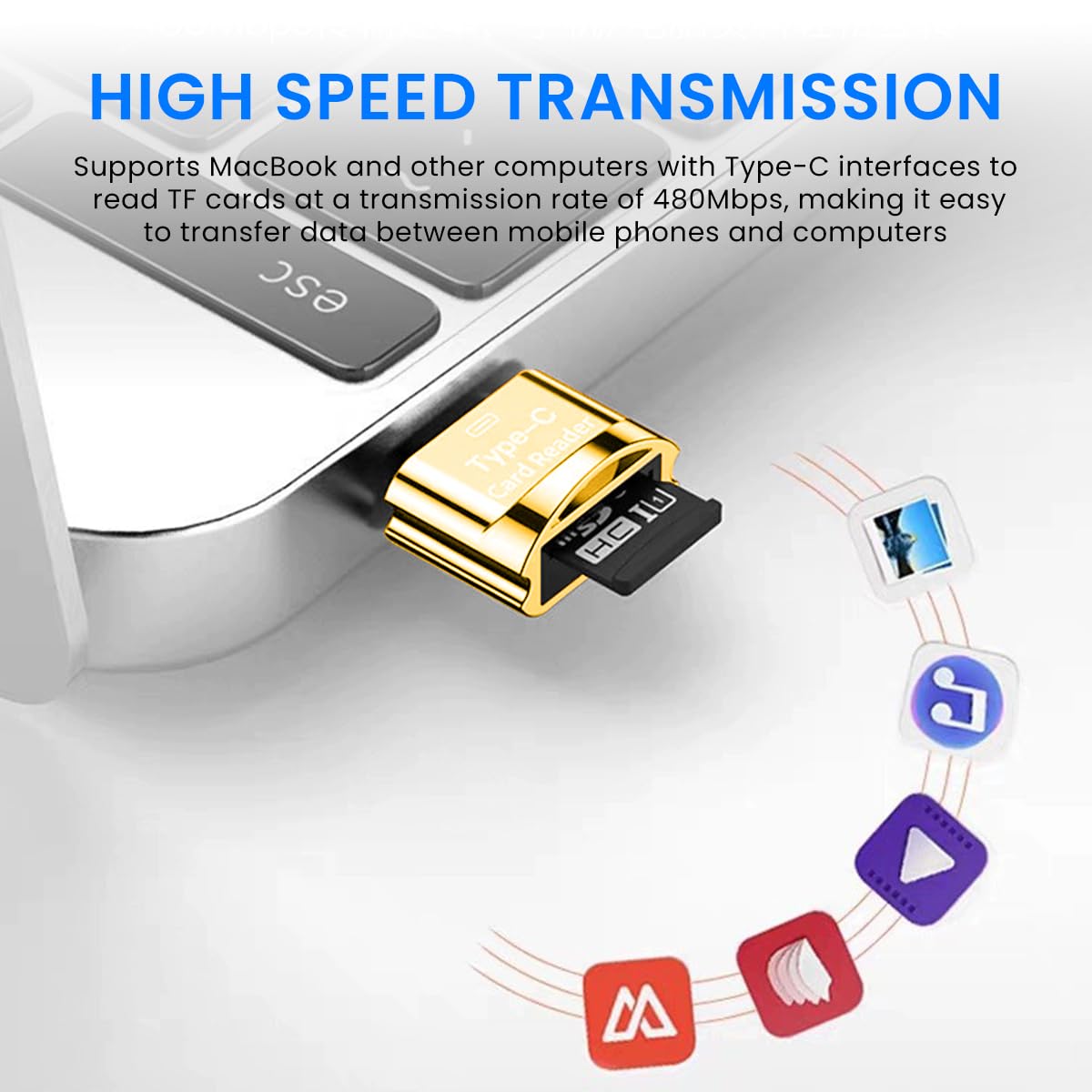 Verilux® TF Card Reader Type C Micro TF Card Reader Golden TF Card Reader with Keychain USB C to Micro SD SDHC SDXC OTG Memory Reader, Compatible with Phone with OTG Function, Instant TF Card Reader