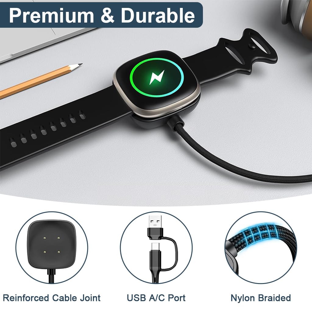 ZORBES Charger for Fitbit Sense 2 Versa 4 and Versa 3 featuring Dual USB C A Connectors and 3.3ft Nylon Cable