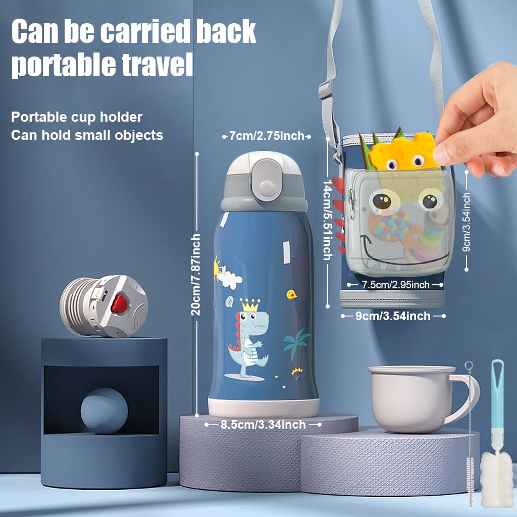 SNOWIE SOFT Water Bottle for Kids with Double Layer Vacuum Insulated Design | 550ml Stainless Steel Dinosaur Flask with Straw and Cup Lid