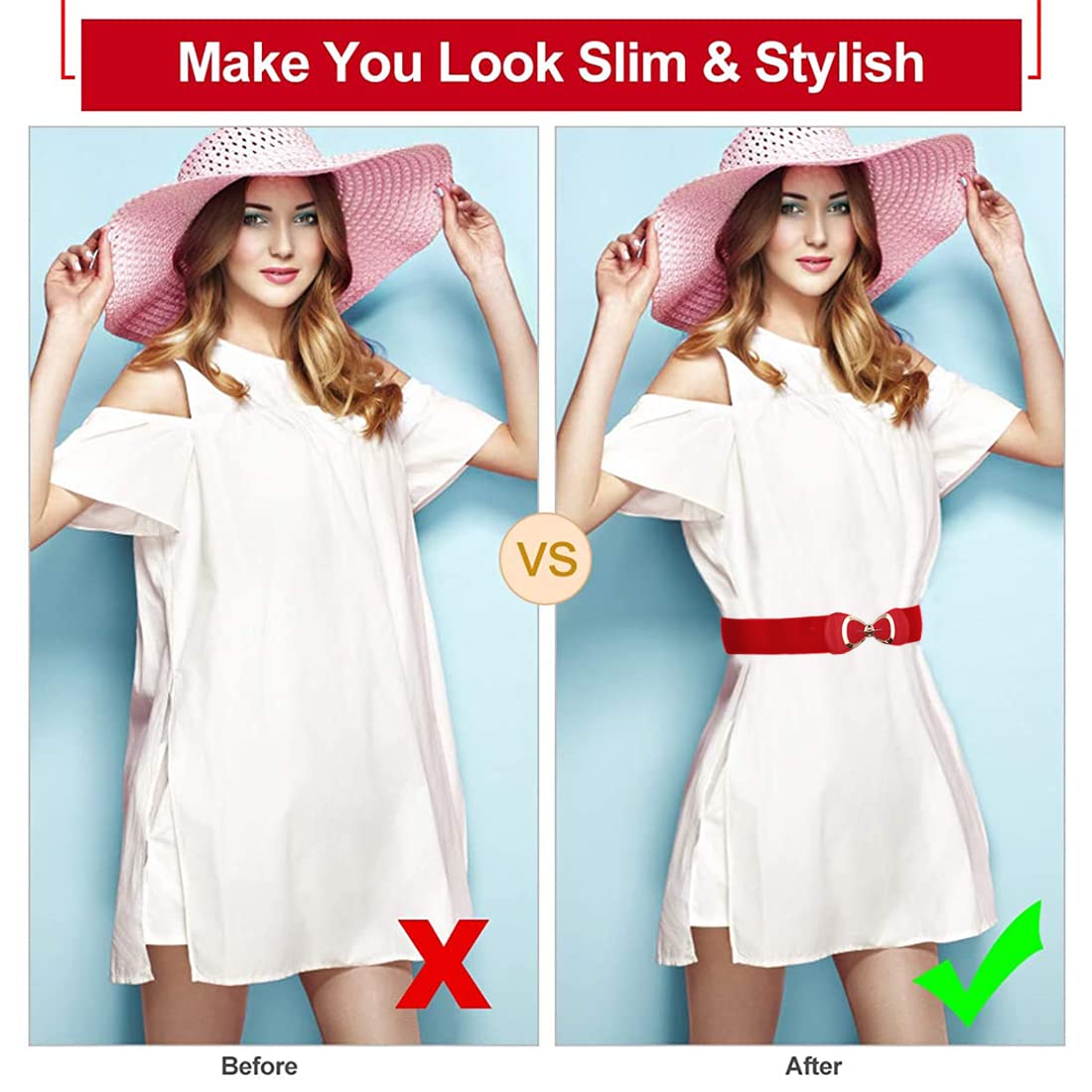Zibuyu Waist Belt for Dresses with 2.3 in Width and Interlocking Bowknot Buckle | Red Elastic Style