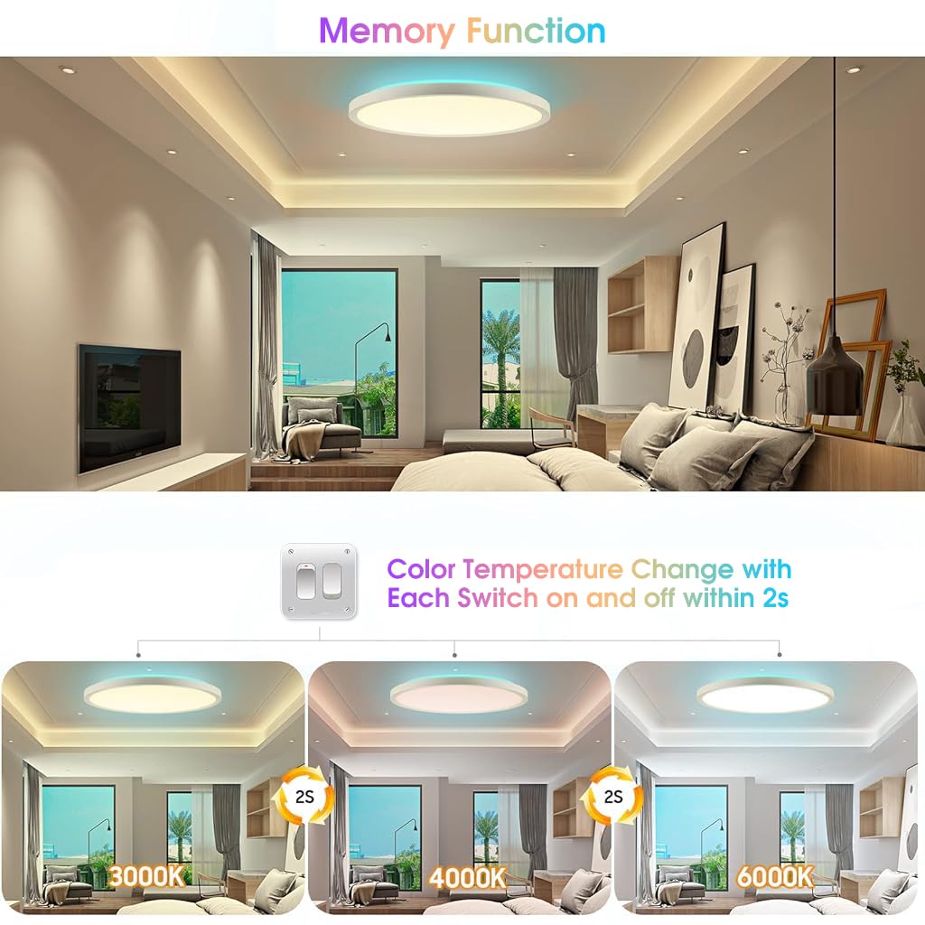 ELEPHANTBOAT RGB Dimmable LED Ceiling Light with Remote Control 12 in 24 W 3200 lm for Bedroom and Living Room