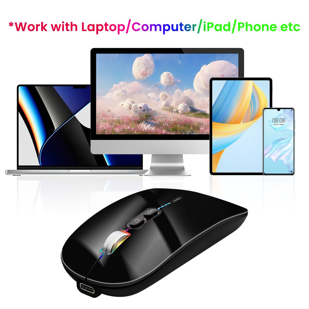 Verilux Wireless Mouse with Dual Mode Bluetooth 5.0 and 2.4G 1600DPI | Ergonomic Silent Design