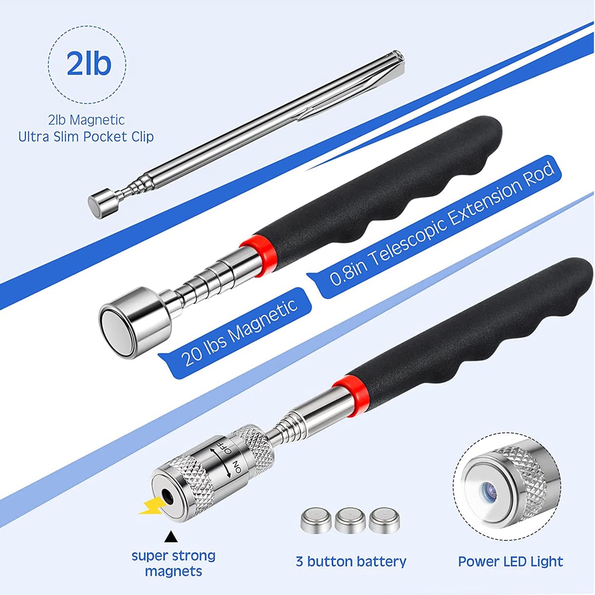 Serplex Magnetic Pickup Tool Set for Car Repair with LED Light and 32 in Telescoping Steel Shaft