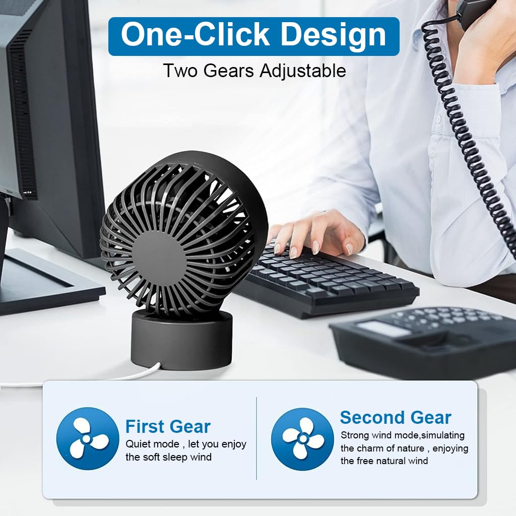 HASTHIP® Mini USB Desk Fan with 2-Speed Control, Portable Small Desktop Fan Quiet Handheld Cooling Fan with Stand for Office, Travel & Makeup (Black)