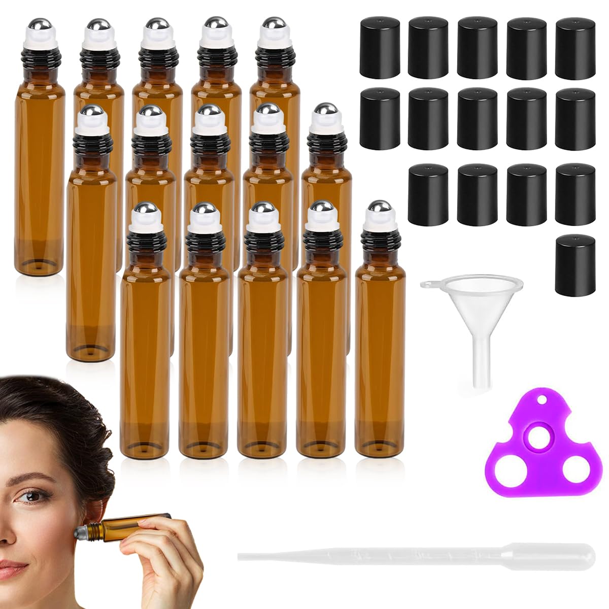 MAYCREATE® 15Pcs Glass Roller Bottles with Cap Stainless Steel Roller Bead Glass Roller Bottle 10ml Travel Bottles for Coconut oil, Jojoba Oil, Sweet Almond Oil, With Funnel & Cap Opener Tool