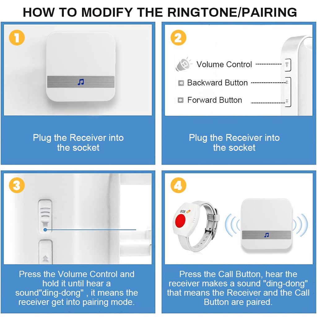 Supvox Wireless Life Alert System for Seniors with 262 ft Range and 52 Ringtones | 2 Call Buttons