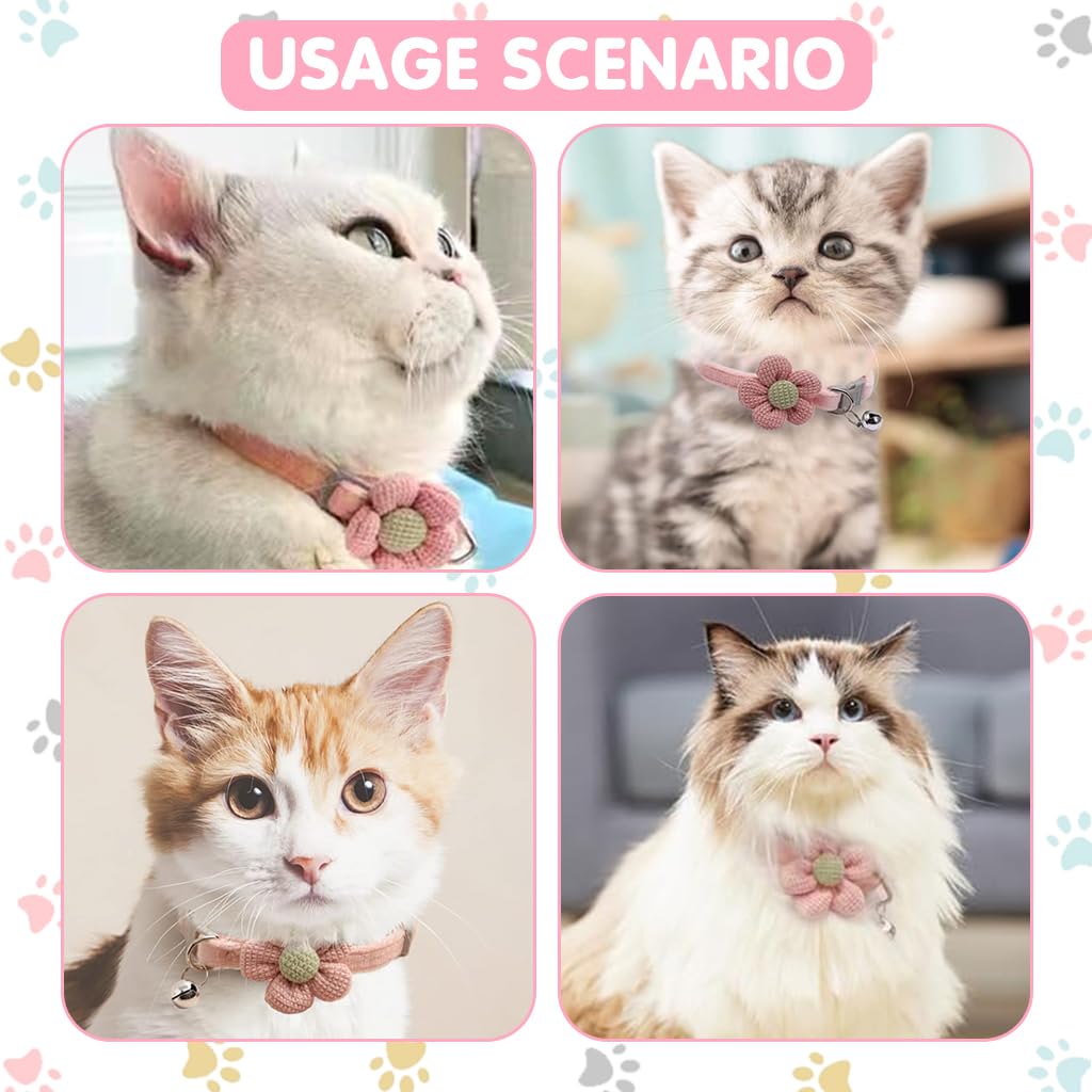 Qpets Cat Collar for Pets featuring Crochet Flower Ornament and Bell | Soft Pink 3PCS Set