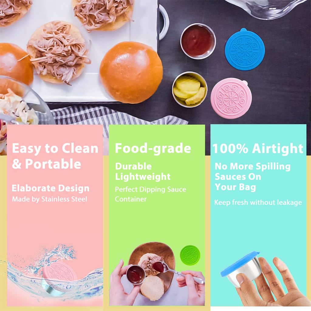HASTHIP Salad Dressing Containers for Lunch and Travel with Leakproof Silicone Lids 40ml Stainless Steel Cups | Pink and Blue Reusable Set