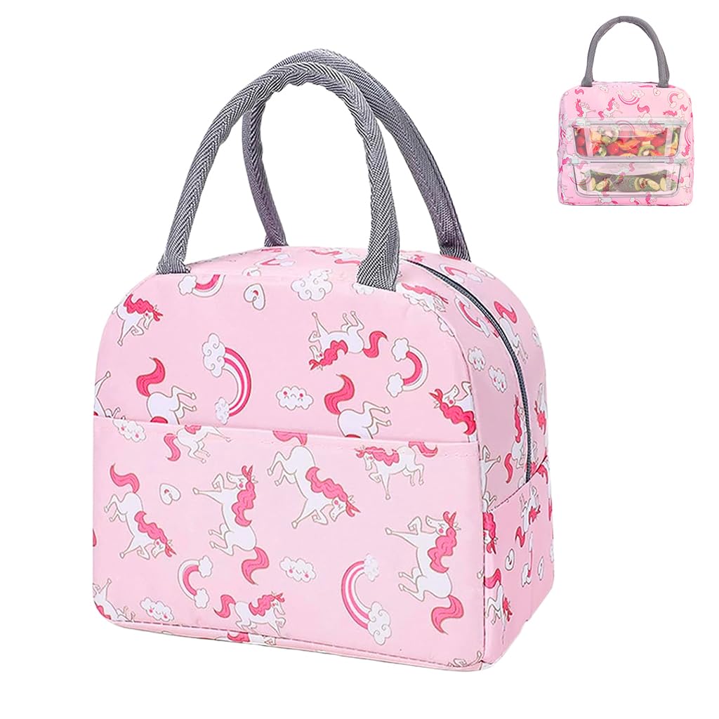 Zibuyu Nylon Lunch Bag for School and Office with Leak Proof Insulation | 21x11x19 cm Pink Unicorn
