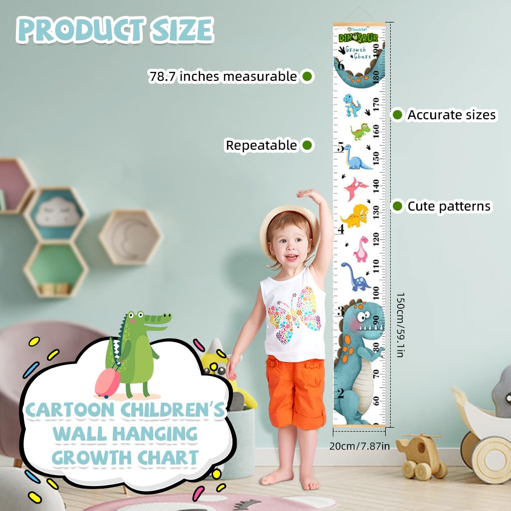 SNOWIE SOFT Cartoon Growth Chart for Kids 60–180cm with Wall Hanging Canvas | Blue Dinosaur Room Decor