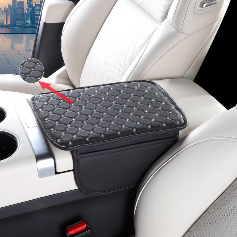 STHIRA® Bling Car Center Console Cover, Crystal Rhinestone Fluffy Automotive Armrest Seat Box Cushion Pad, Soft Comfortable Diamon