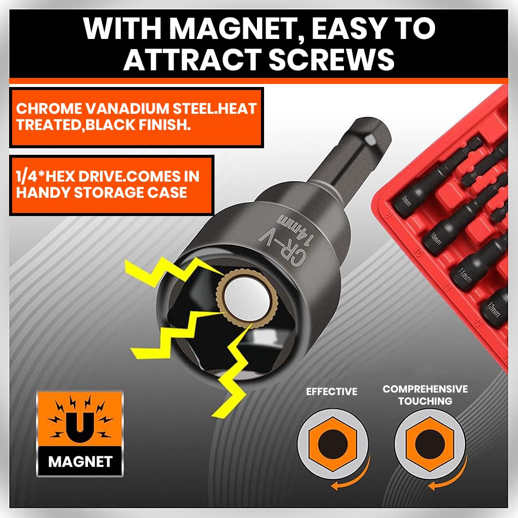 Serplex Magnetic Nut Driver Set 12Pcs for Power Tools with Quick‑Change System | CR‑V Steel and Carry Case