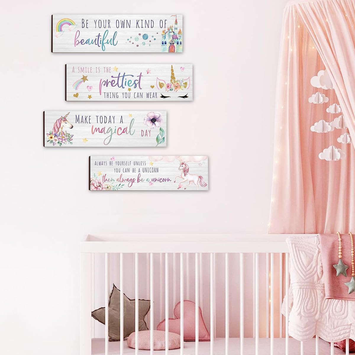 HASTHIP Unicorn Rainbow Wall Decor for Living Room with Dual Hooks and 4 Wooden Boards | Kids and Girls Bedroom Art 11.8 x 3.9 in