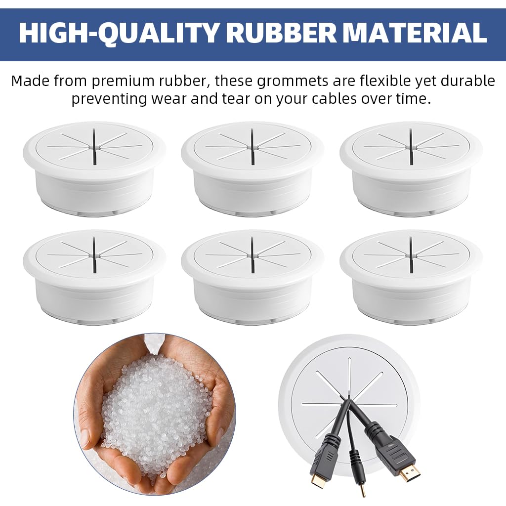 Serplex Desk Cable Grommets for Office Organization featuring Multi Slot Design 12PCS 2 Inch White Rubber