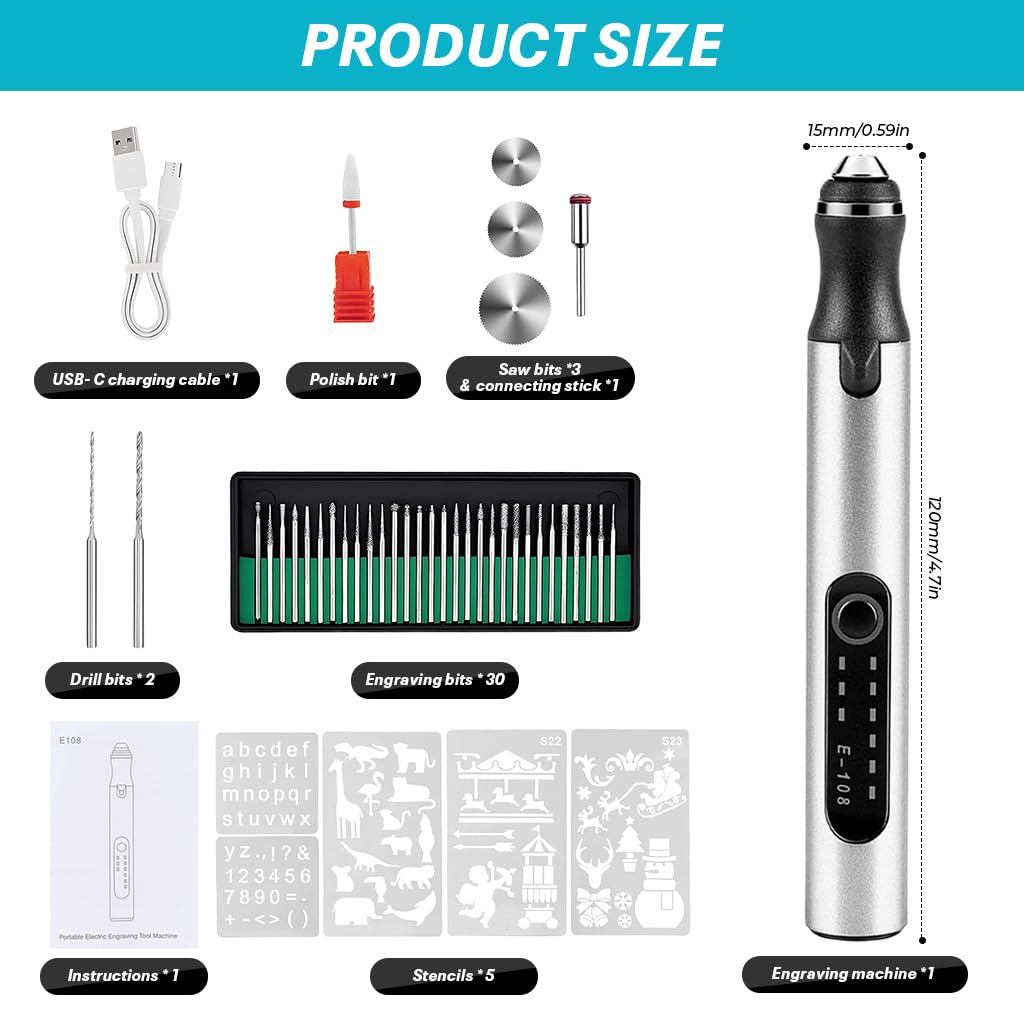 Serplex Electric Engraving Pen for DIY Crafts with 37 Bits and 3 Speed 18000 RPM Control | USB Rechargeable Rotary Tool