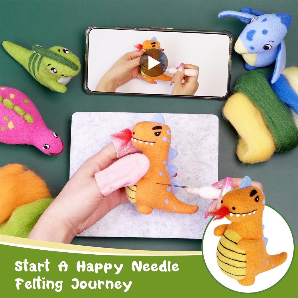 PATPAT Needle Felting Kit for Beginners with 4PCS Dinosaur Set and Step-by-Step Video Tutorials | Fun DIY Craft Gift for Kids and Adults