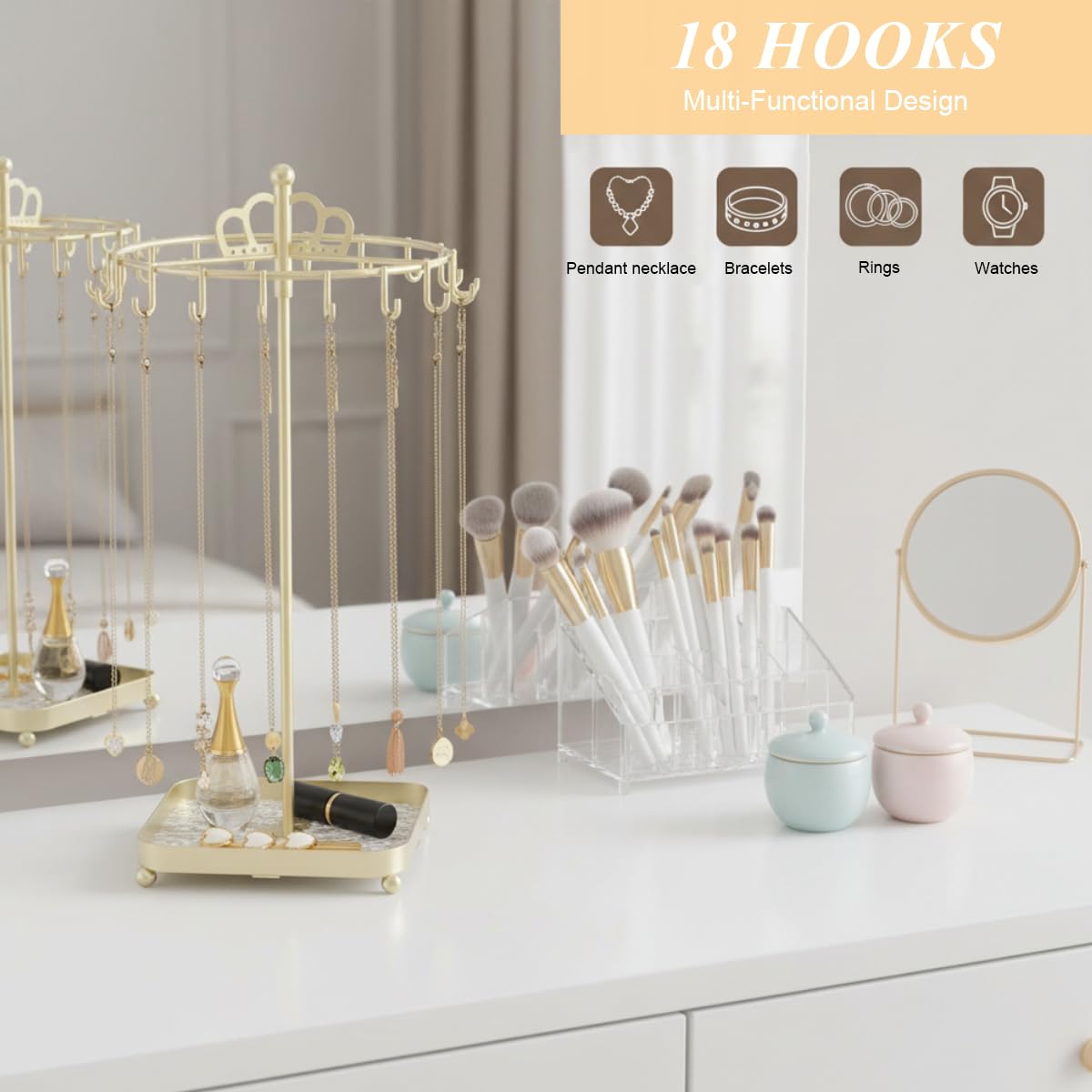 MAYCREATE Rotating Metal Necklace Holder Organizer with Acrylic Tray and 18 Hooks | Space-Saving Jewelry Display Stand