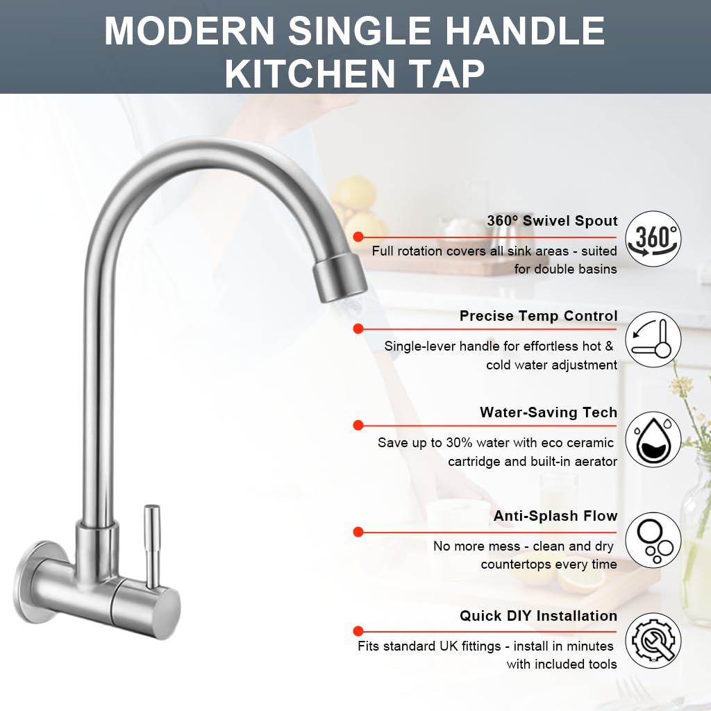 HASTHIP Sink Tap for Kitchen and Bathroom with High Arch Spout | Stainless Steel Minimalist Design