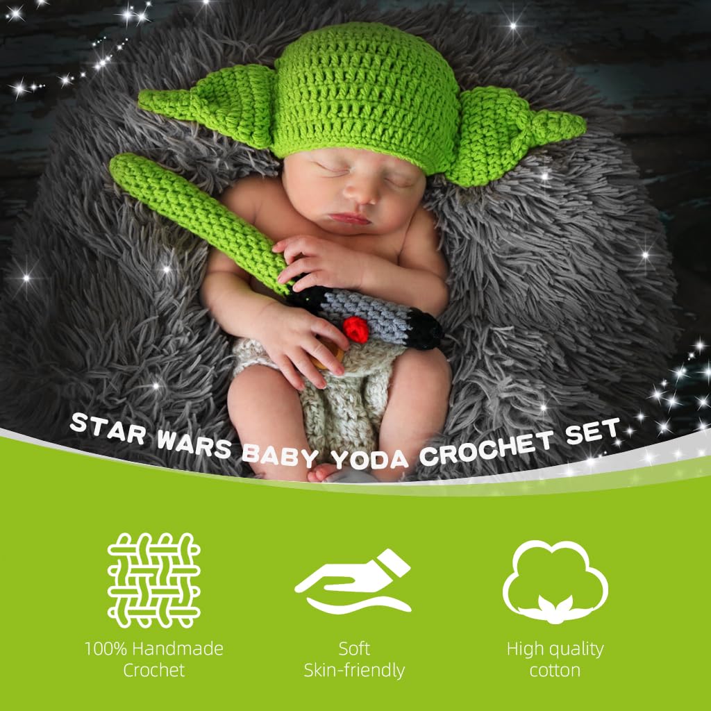 SNOWIE SOFT® Baby Crochet Hat Baby Yoda Photography Props Creative Crocheting Baby Yoda Hat and Pants with Soft Crocheting Lightsaber Halloween Baby Costume Star Wars