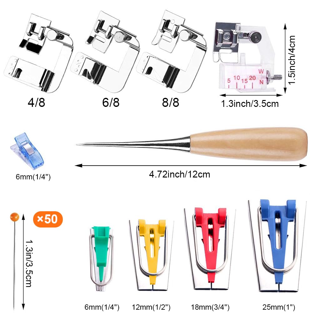 HASTHIP® Bias Tape Tool Kit with Instruction, 5 Sizes Bias Tape Maker (6mm 9mm 12mm 18mm 25mm) with 4 Pcs Sewing Machine Presser Foot, Sewing Clips, Ball Point Pins, Awl, for Fabric Sewing