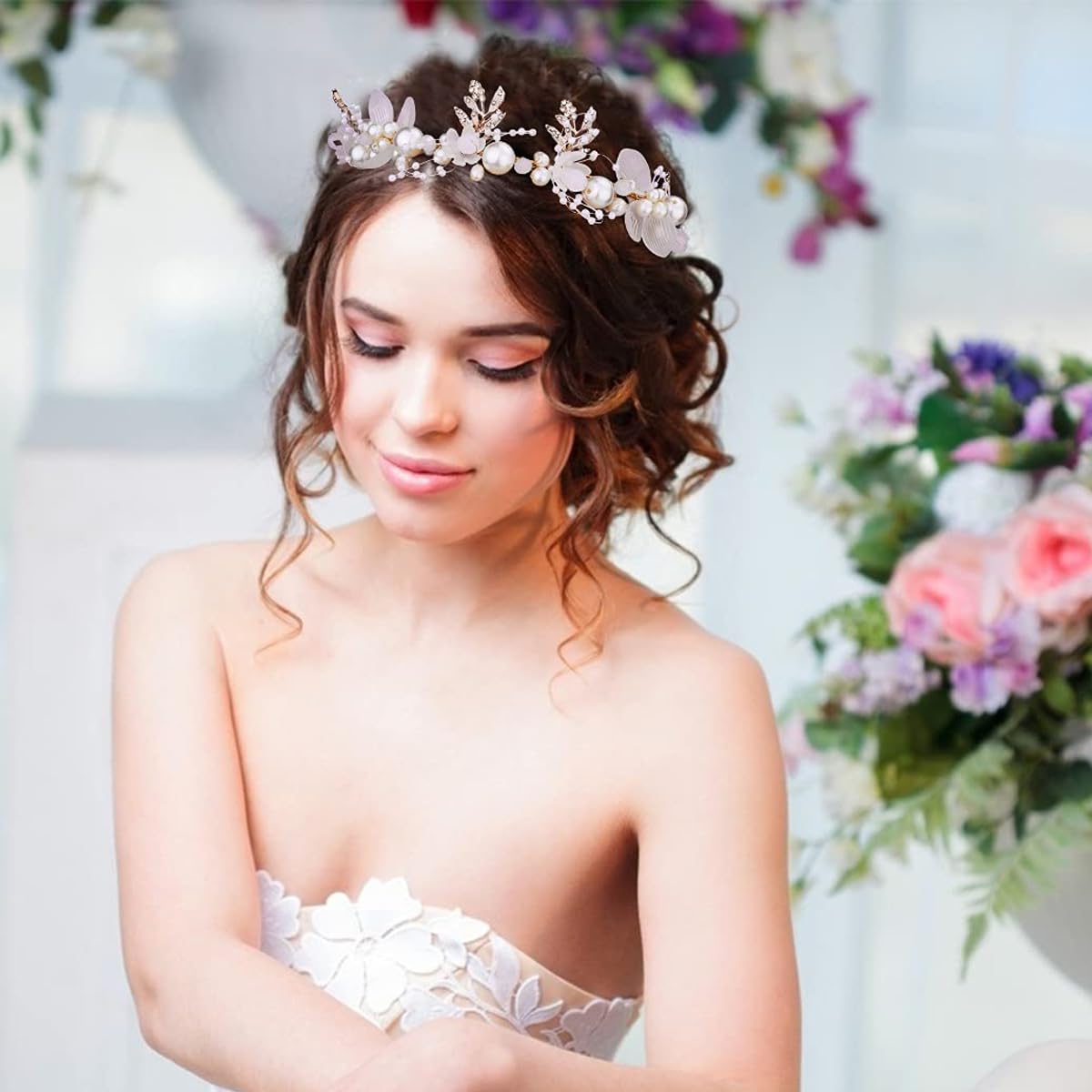 SANNIDHI Pearl Tiara for Weddings and Parties with Tie Clasp | White Floral Crown