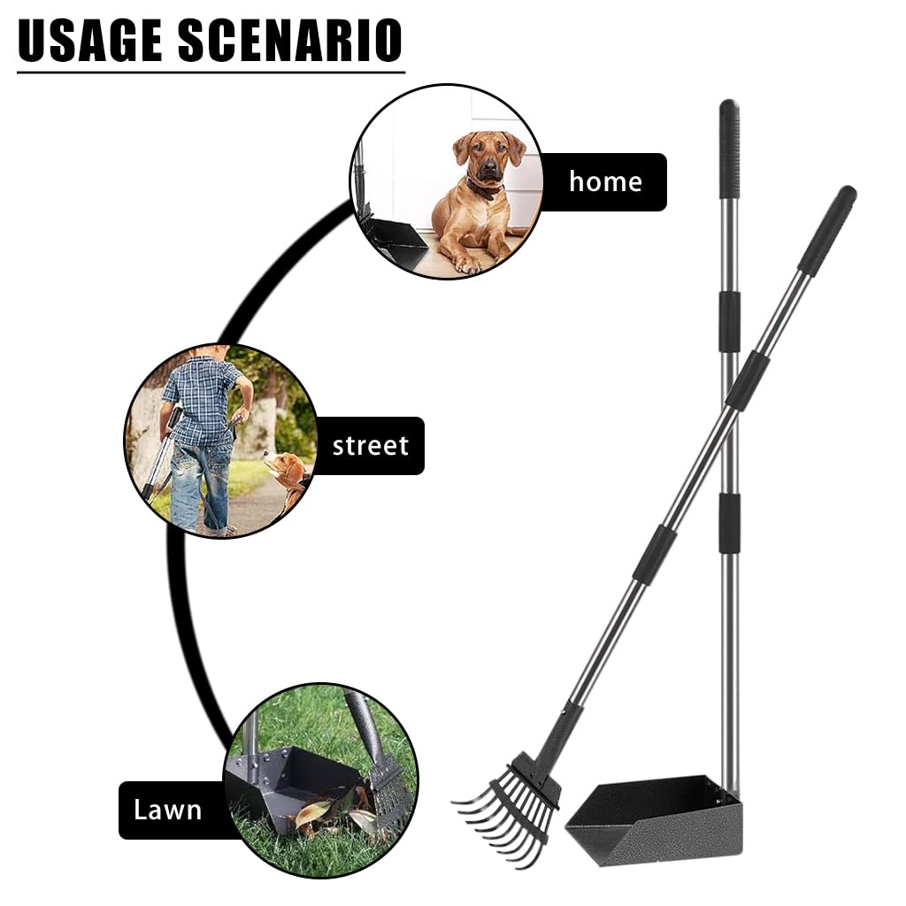HASTHIP Dog Pooper Scooper Set for Yard Cleaning with 36.2 in Adjustable Handle and 9 Pronged Stainless Steel Rake