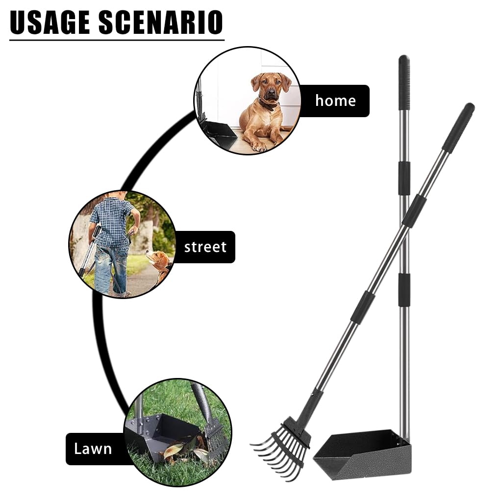 HASTHIP® Dog Pooper Scooper Tray Set, Dog Pooper Scooper for Large and Small Dogs with Long Handle, Adjustable Stainless Steel Rake Poo Rake for Dirt, Gravel, Lawns, Grass