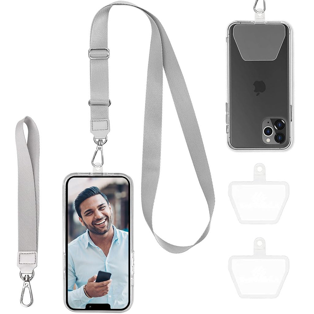 ZORBES Phone Lanyard Phone Hand Strap Set Phone Neckstrap for All Phone Case Adjustable Grey Phone Sling with 2 Self-Adhesive Inserts Phone Sling Hand Strap, Not Includes Phone Case
