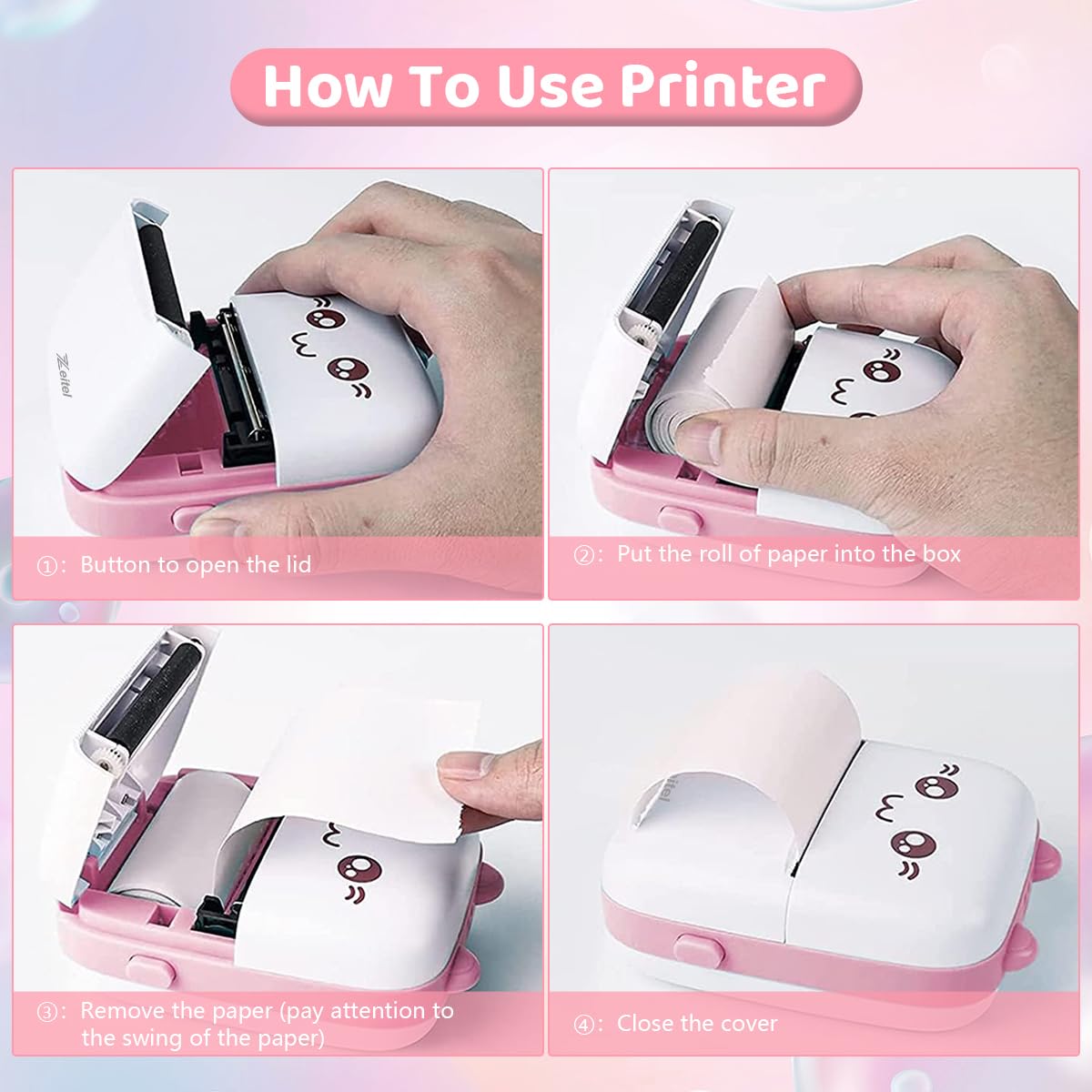 ZEITEL Mini Bluetooth Thermal Printer for Android and iOS with 10 Roll 57x25mm Paper | Pink