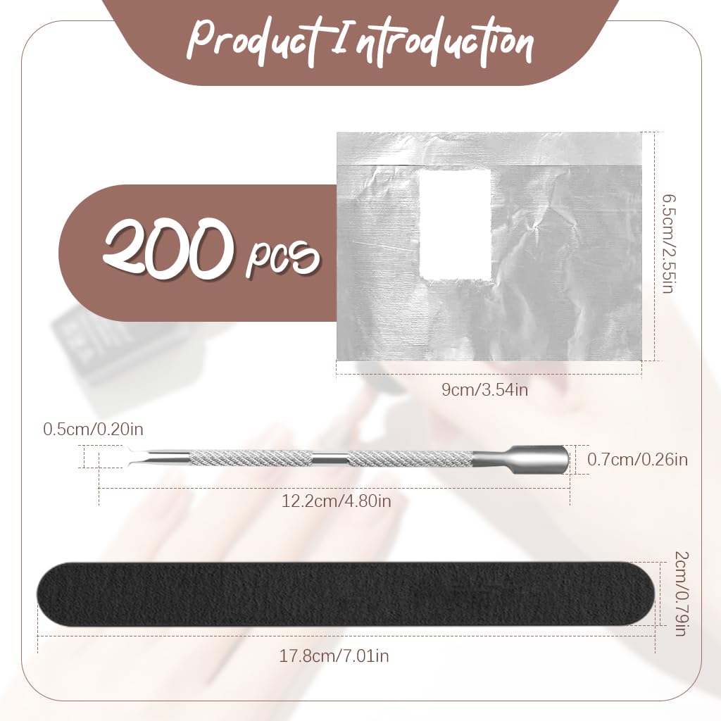 MAYCREATE Nail Polish Remover Foil Wraps 200pcs with Acetone Pads & Cuticle Pusher Kit